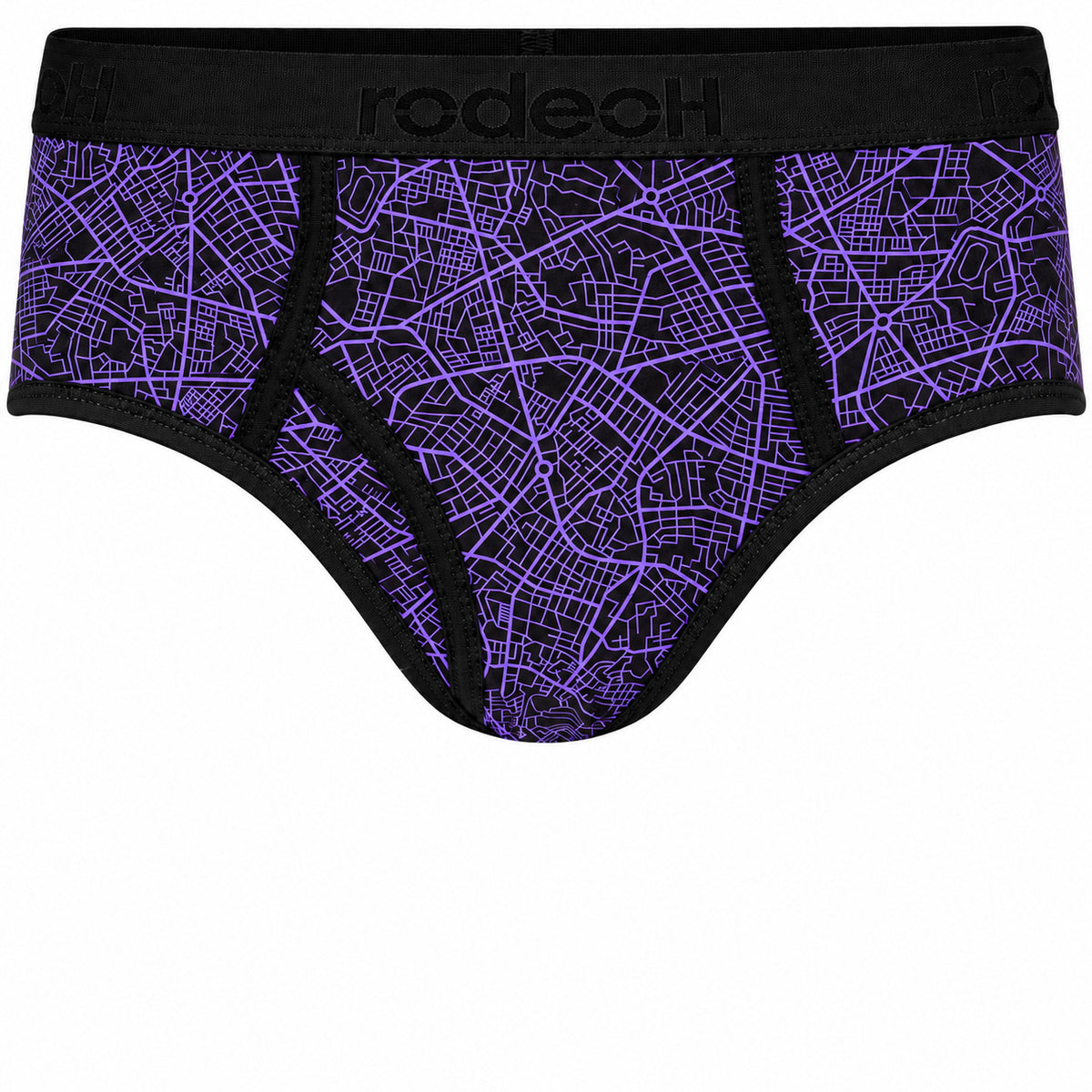 RodeoH Top Loading Brief Packer Underwear in Geometric Purple print, front view