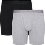 Rodeoh 9 inch inseam boxer underwear 2 pack, from the front, stacked on top of each ofther in black and light gray