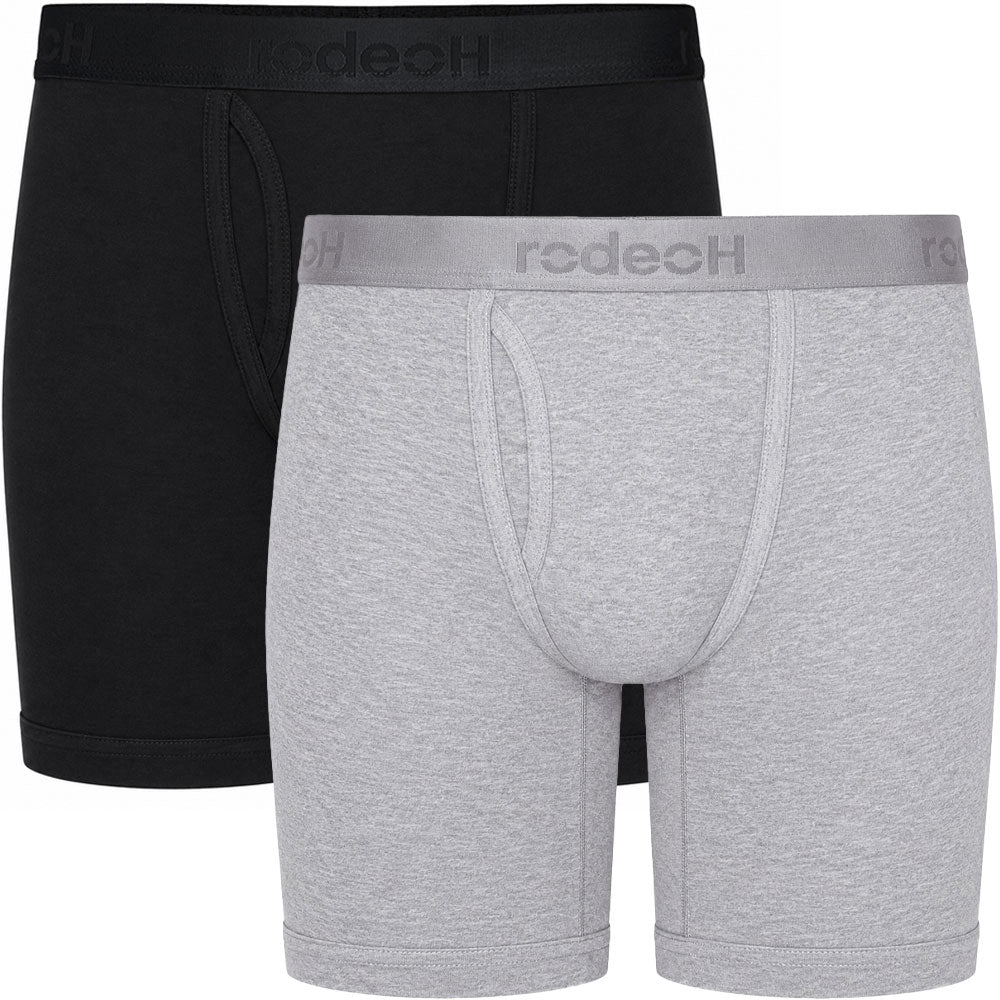 Rodeoh 9 inch inseam boxer underwear 2 pack, from the front, stacked on top of each ofther in black and light gray