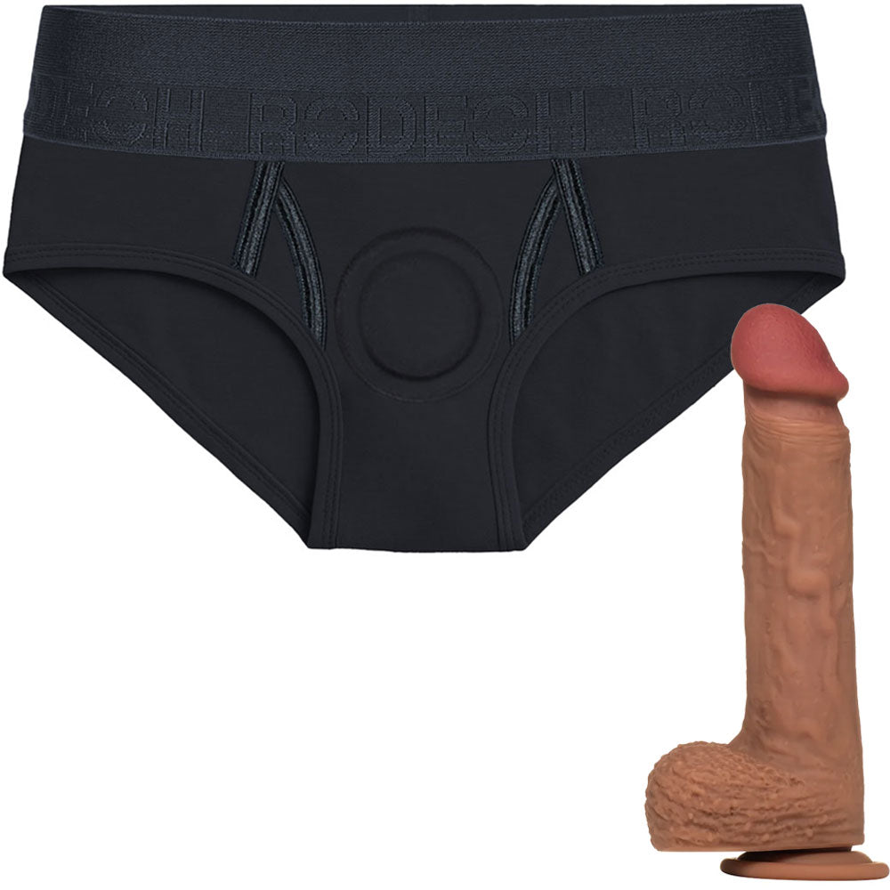RodeoH 2" Brief Harness in Black, form the front, with cocoa color of Royal Realistic dildo from the side on its suction cup base