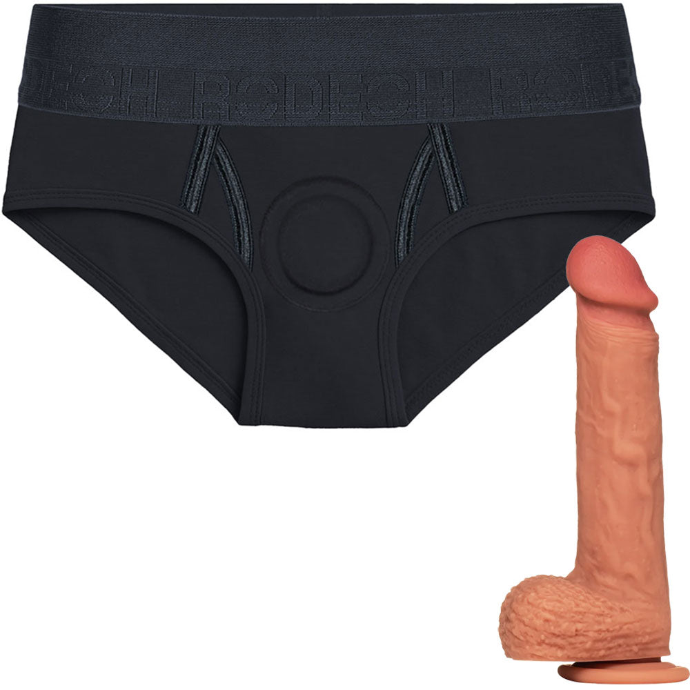 RodeoH 2" Brief Harness in Black, form the front, with Warm Tan color of Royal Realistic dildo from the side on its suction cup base