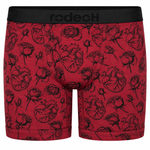 RodeoH Shift 6 inch Boxer in red Hearts & Roses print: black line-drawn anatomical hearts and roses on deep red, front view