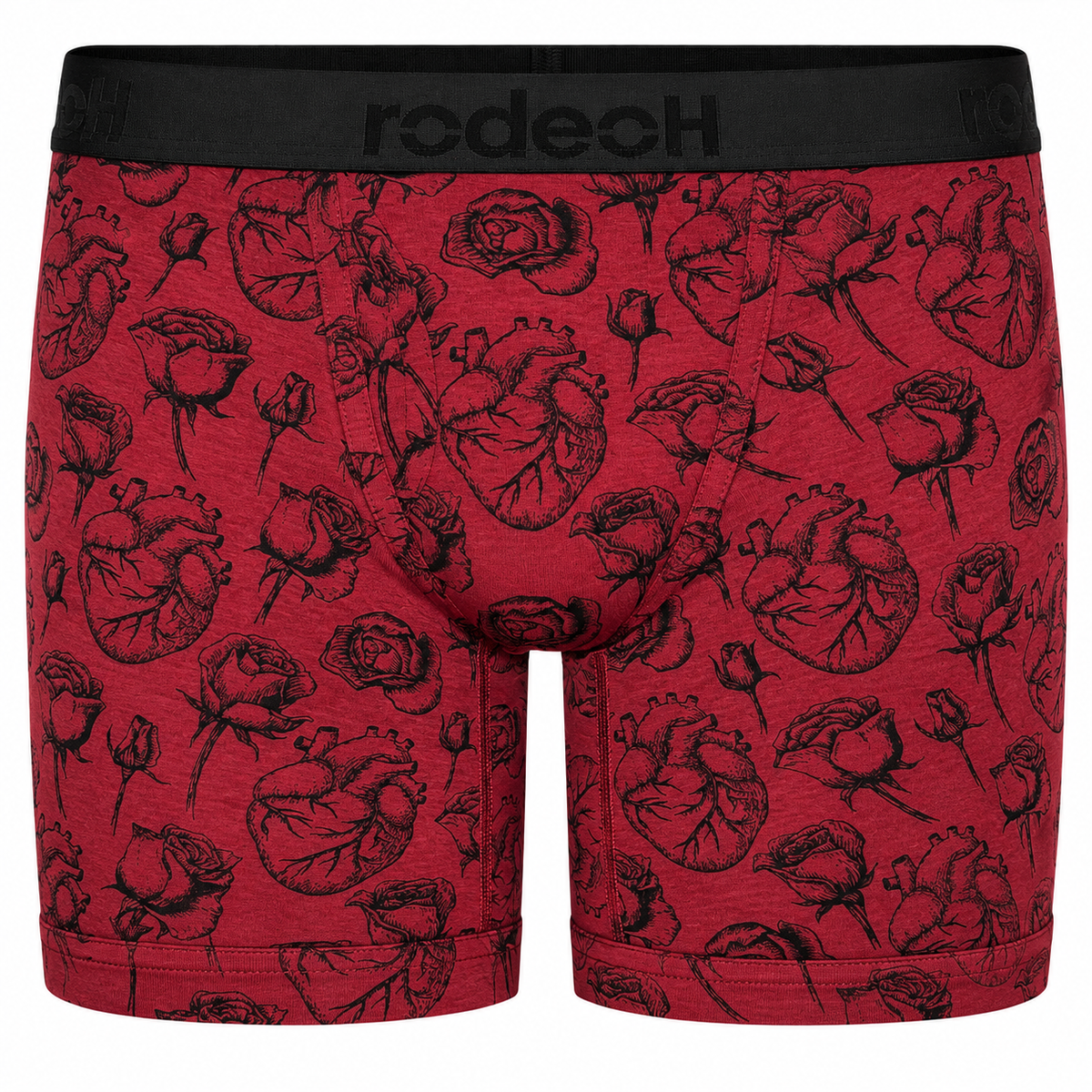 RodeoH Shift 6 inch Boxer in red Hearts & Roses print: black line-drawn anatomical hearts and roses on deep red, front view