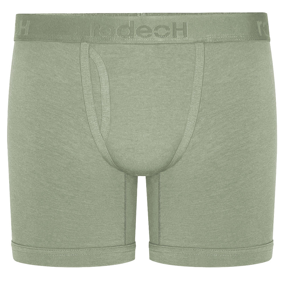 RodeoH 6" inseam Shift boxer brief gender neutral underwear in sage green with satin logo waistband