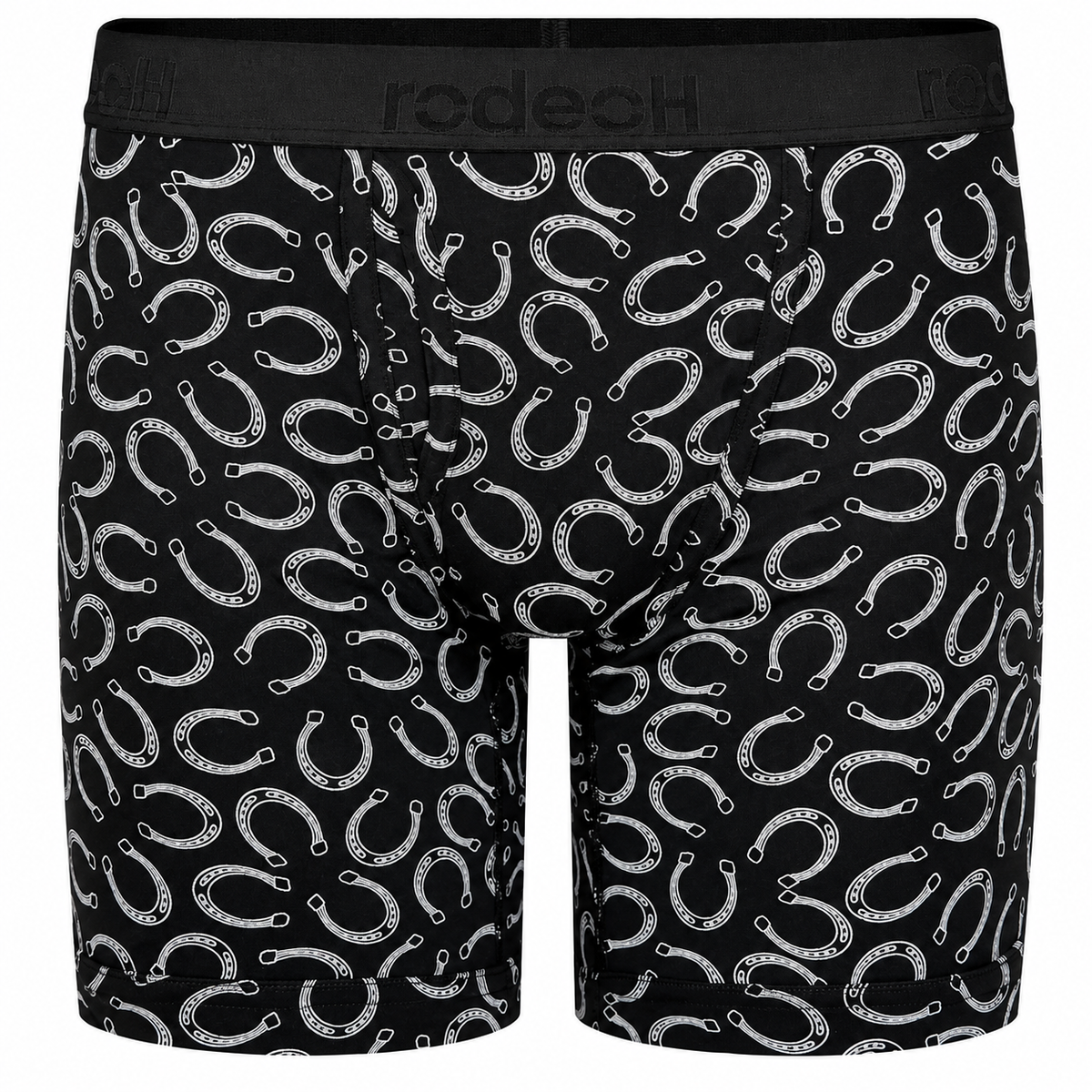 RodeoH Shift 9 inch Boxer in Lucky Horseshoes print, front view