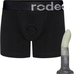 Black Classic Boxer Harness from the front with Celadon Smoke show Rory silicone dildo form the side, on its suction cup base