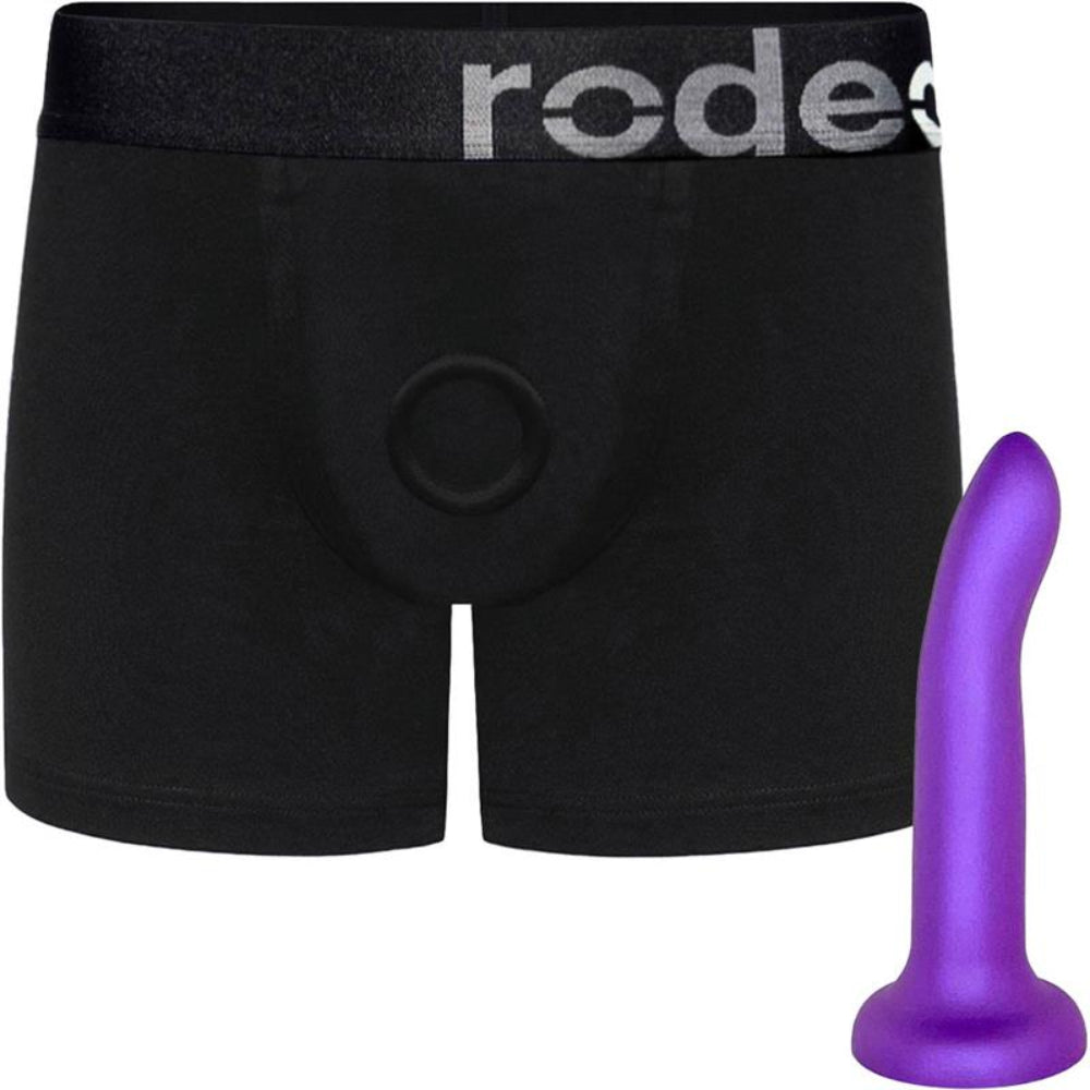 RodeoH Black Classic Boxer harness, from the front, with Purple 7" Rory shown from the side flat on its suction base
