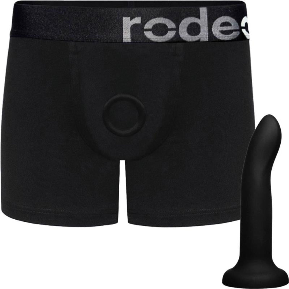 RodeoH Black Classic Boxer Harness  from with Black 7" Rory silicone dildo from the side
