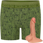 Rodeoh verdant leave green printed button fly boxer harness from the front shown with vanilla flex dildo included in package deal