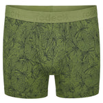 Rodeoh 6 inch inseam cotton Shift boxers from the front in green with leaf print