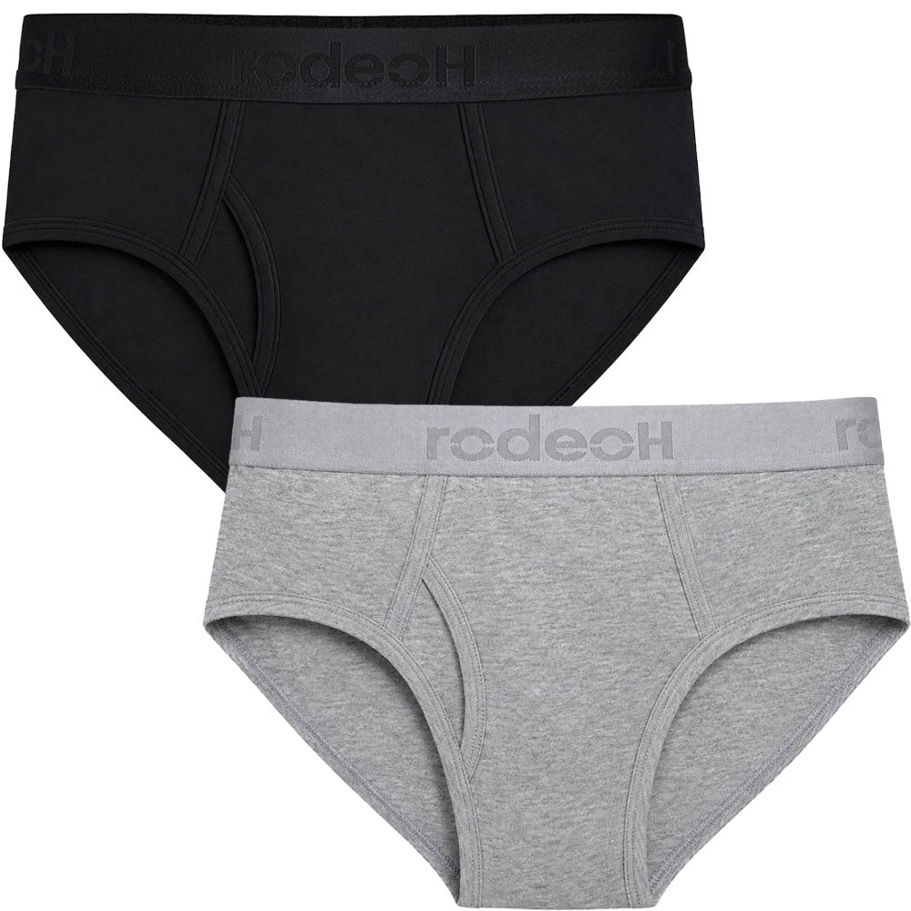 Rodeoh Top loading packing briefs with interior pocket for ftm packing 2 pack featuring light gray and black, stacked on top of each other, form the front