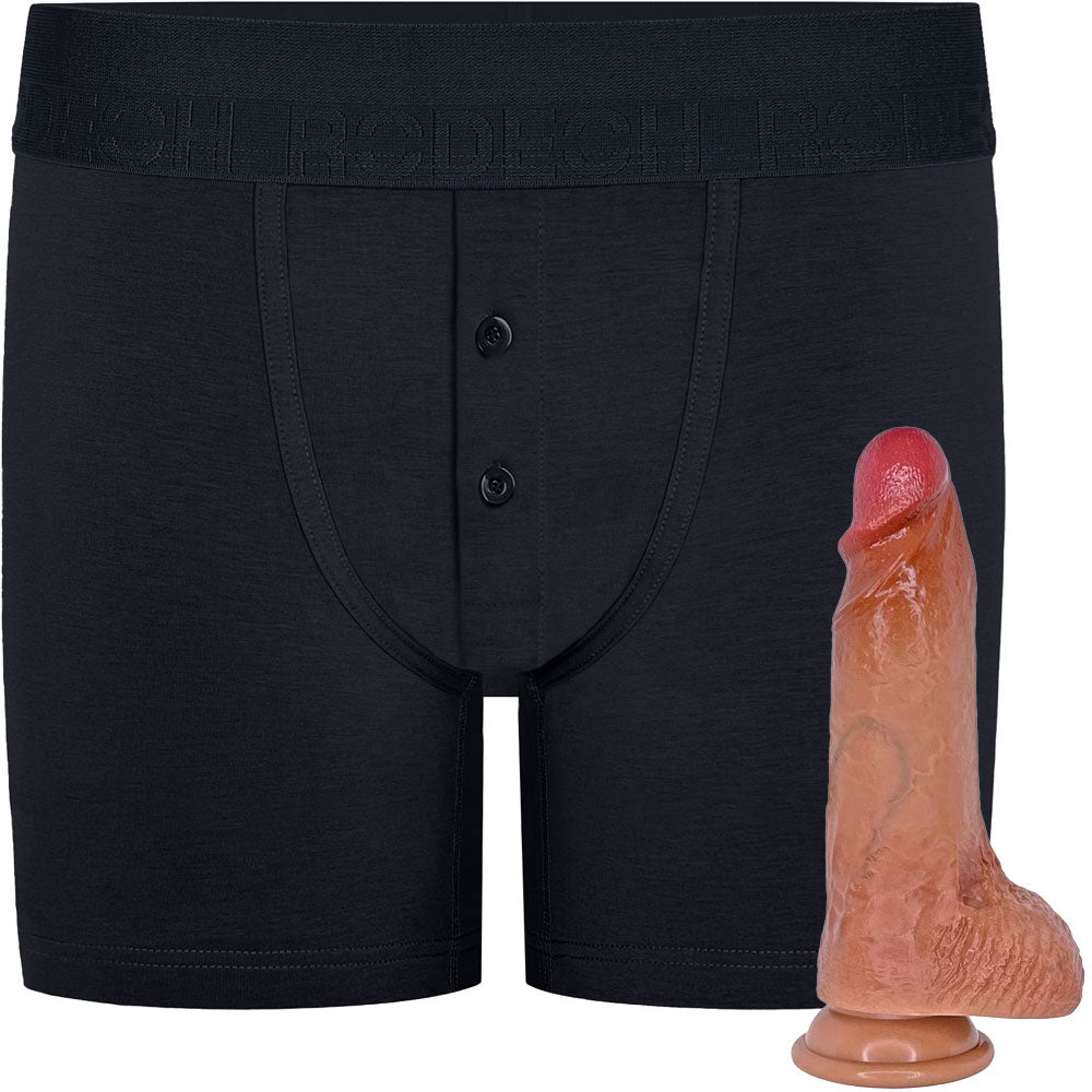 RodeoH Black Button fly boxer harness flat from the front with  caramel color of 6" Slyder dildo shown from the side