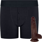 RodeoH Black Button fly boxer harness flat from the front with chocolate color of 6" Slyder dildo shown from the side