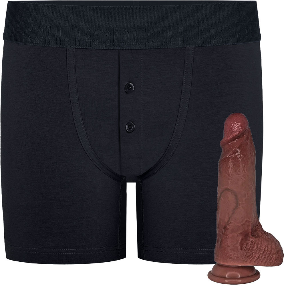RodeoH Black Button fly boxer harness flat from the front with mocha color of 6" Slyder dildo shown from the side