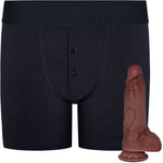 RodeoH Black Button fly boxer harness flat from the front with mocha color of 6" Slyder dildo shown from the side