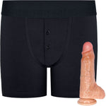 RodeoH Black Button fly boxer harness flat from the front with  vanilla color of 6" Slyder dildo shown from the side