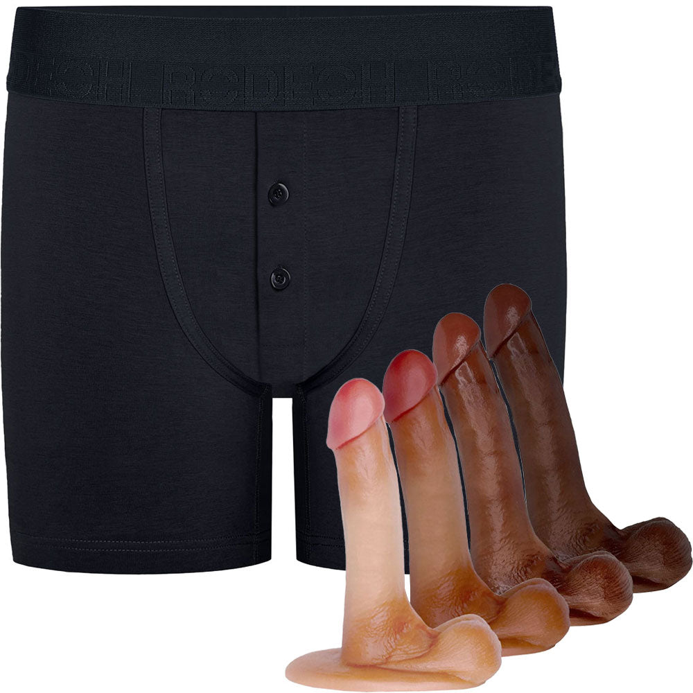 RodeoH Black Button Fly Boxer harness flat from the front with all 4 6.5" Slyder Color options from the side flat on their bases