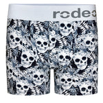 A pair of harness boxer briefs with a button fly front, featuring a pattern of black and white skulls by rodeoh.