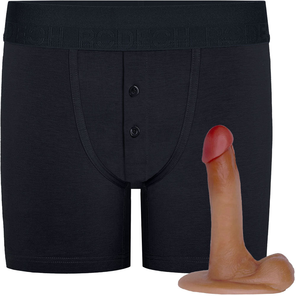 RodeoH Black Button Fly Boxer harness flat from the front with caramel  6.5" Slyder Color option from the side flat on  it's base