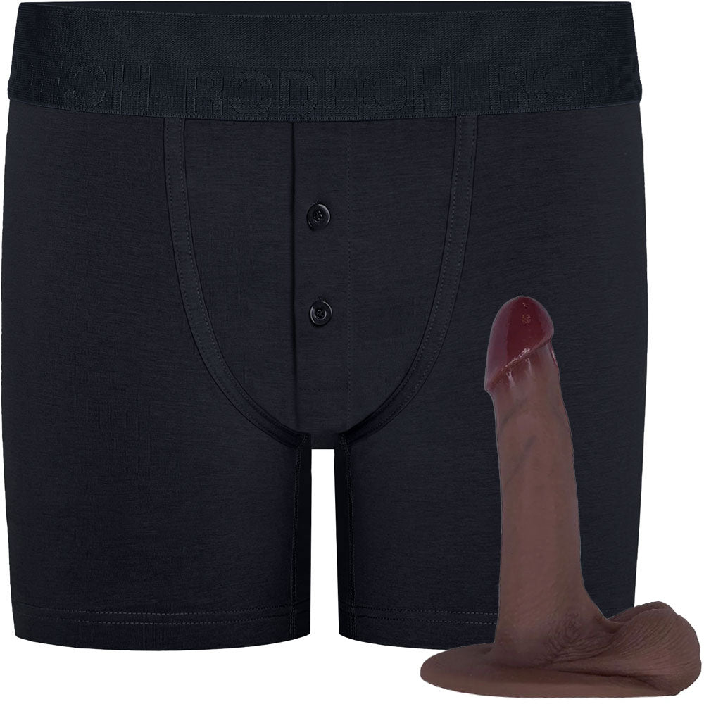 RodeoH Black Button Fly Boxer harness flat from the front with chocolate 6.5" Slyder Color option from the side flat on  it's base