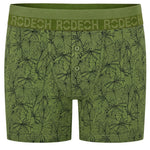 Rodeoh Button fly boxer harness from the front, in green with leaves print
