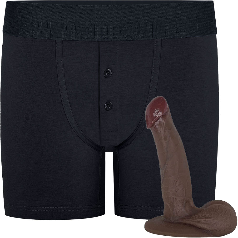 RodeoH Black Button Fly boxer harness, flat from the front, with a chocolate color option of 7" slyder from the side, flat on the base