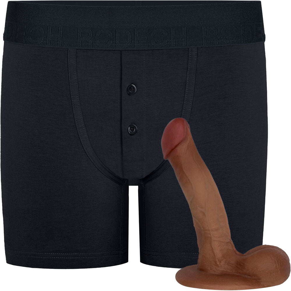 RodeoH Black Button Fly boxer harness, flat from the front, with amocha color option of 7" slyder from the side, flat on the base