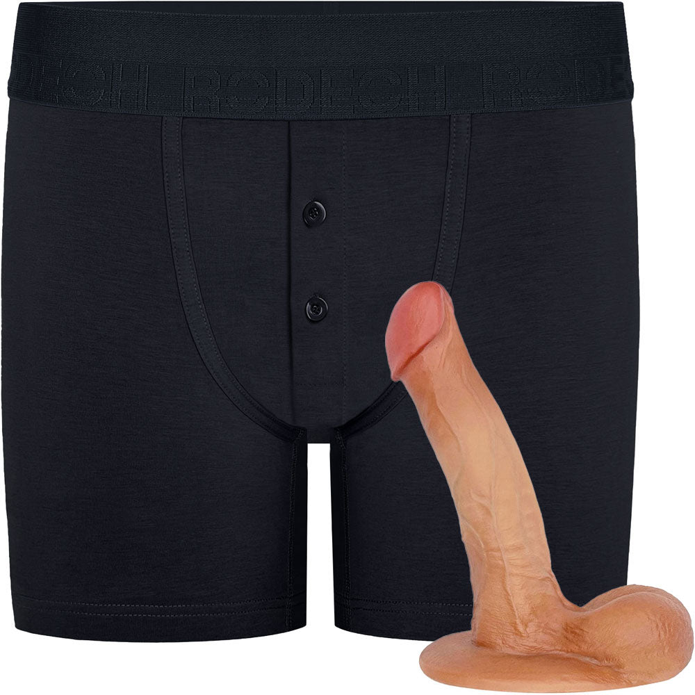 RodeoH Black Button Fly boxer harness, flat from the front, with a vanilla color option of 7" slyder from the side, flat on the base