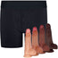 RodeoH Black Button fly boxer harness flat from the front with all 4 colors of 6" Slyder dildo shown from the side
