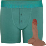 Rodeoh Pacific Teal green button fly boxer harness from the front, shown with caramel flex dildo included in package deal