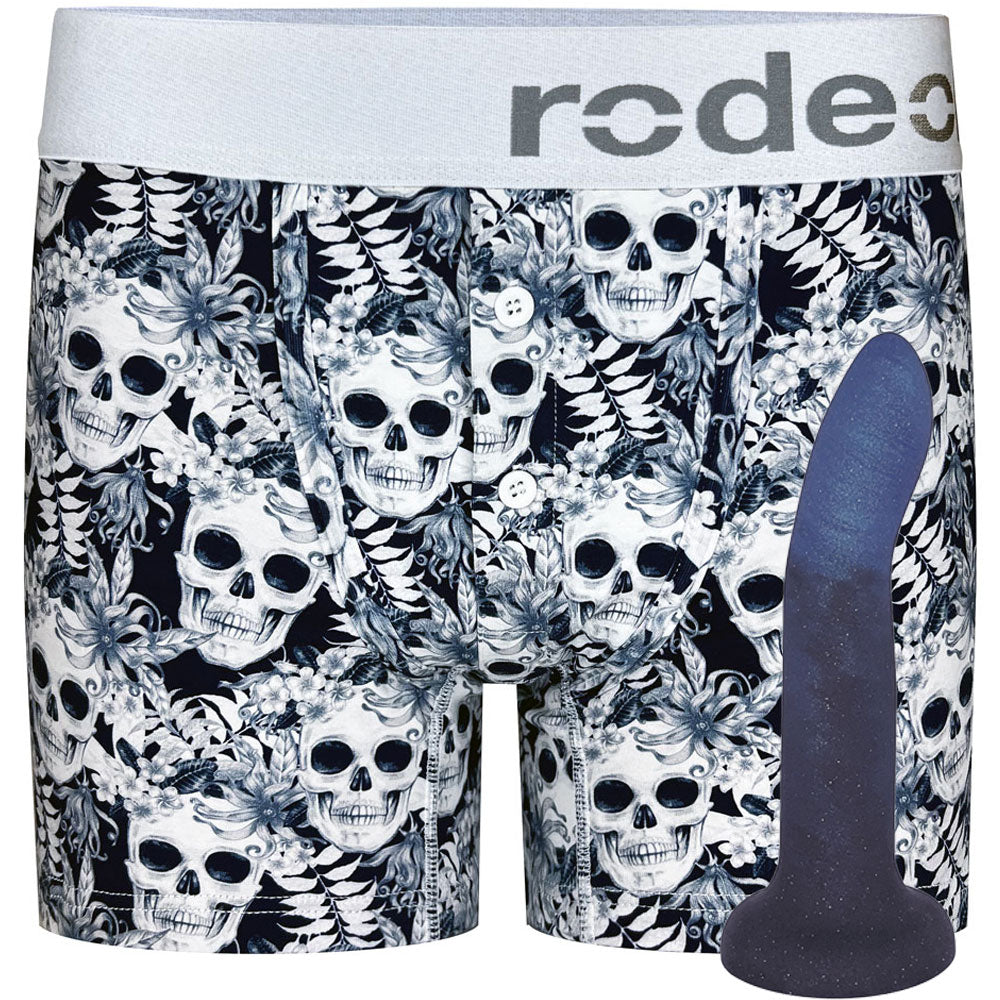Rory indigo smoke dildo with button fly boxer options of midnight skulls harnesses from the front