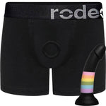 RodeoH Black Boxer+ Harness shown with Sol Prysm silicone dildo