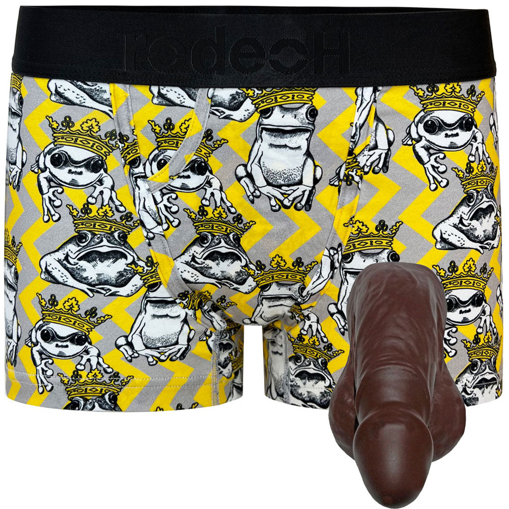 Classic top loading rodeoH packing boxer in yellow and gray Funky frogs print from the front with chocolate pete silicone packer from the front