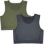 Sage Green RodeoH compression top laid Flat, with Black RodeoH Compression top stacked on top, laid flat
