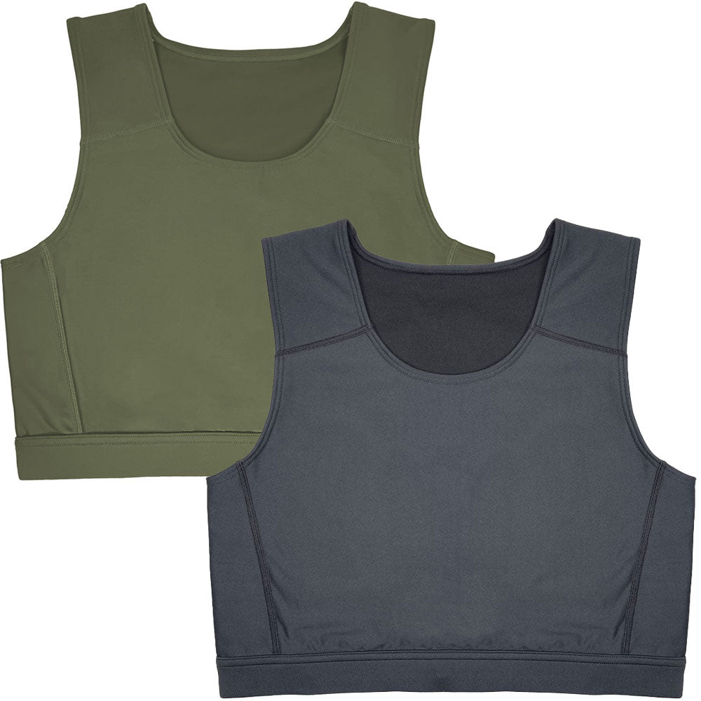 Sage Green RodeoH compression top laid Flat, with Black RodeoH Compression top stacked on top, laid flat