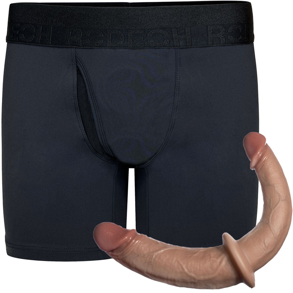 RodeoH Luxe swiftfit boxer harness from the front  and double trouble dildo in caramel