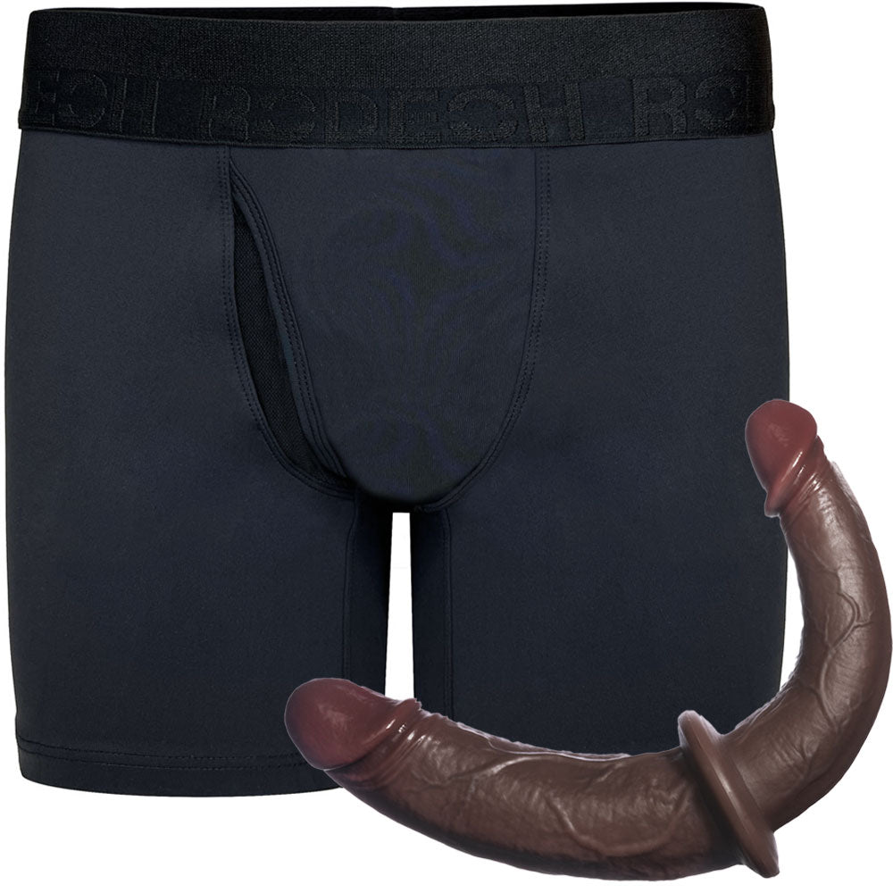 RodeoH Luxe swiftfit boxer harness from the front and  double trouble dildo in chocolate