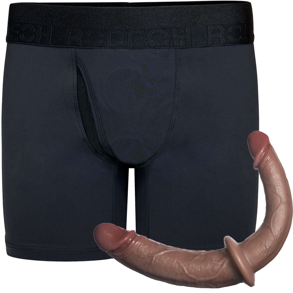 RodeoH Luxe swiftfit boxer harness from the front and  double trouble dildo in mocha
