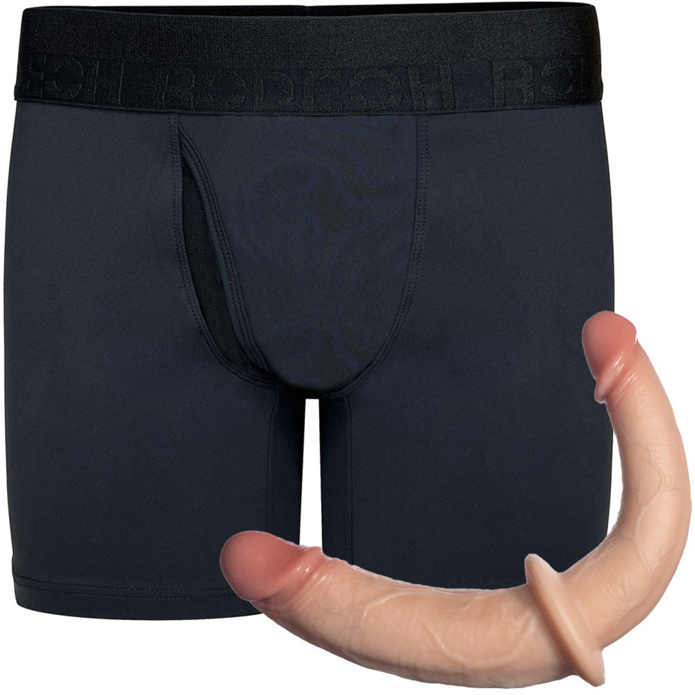 RodeoH Luxe swiftfit boxer harness from the front and double trouble dildo in vanilla