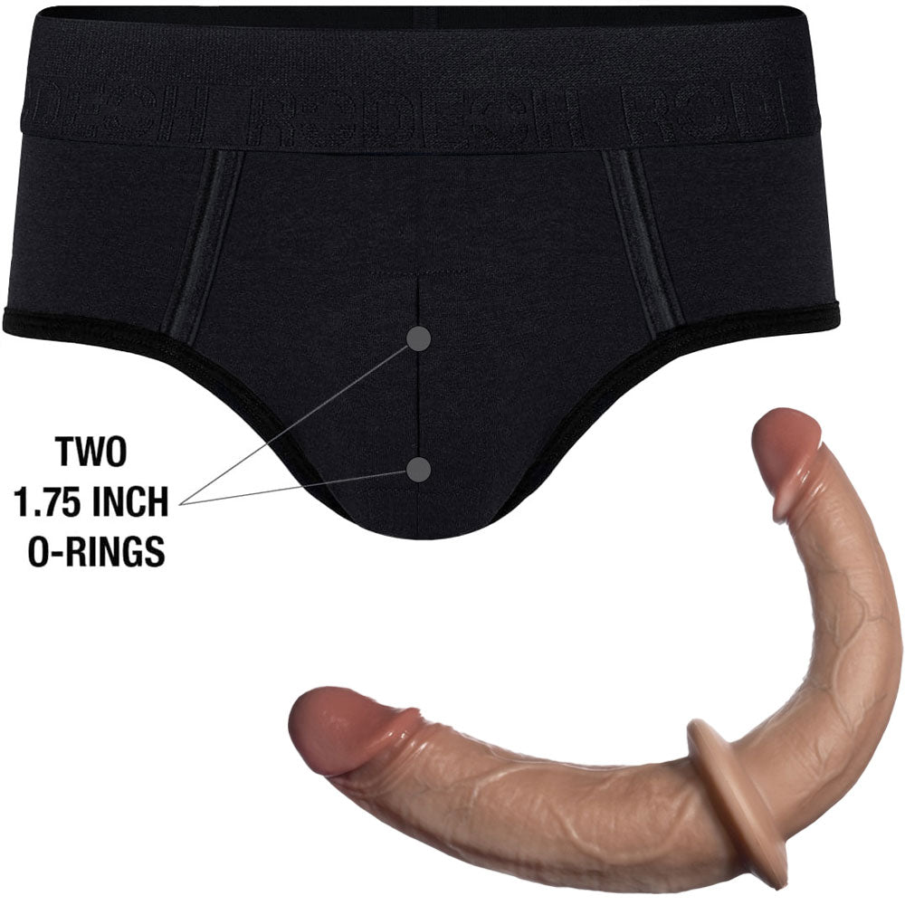 RodeoH Duo Brief Harness from the front flat, with caramel color double trouble dildo