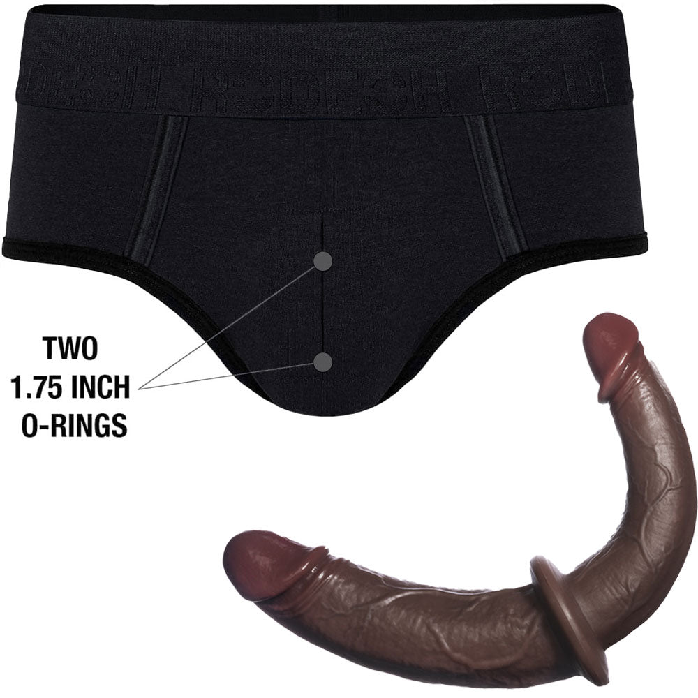 RodeoH Duo Brief Harness from the front flat, with chocolate color double trouble dildo