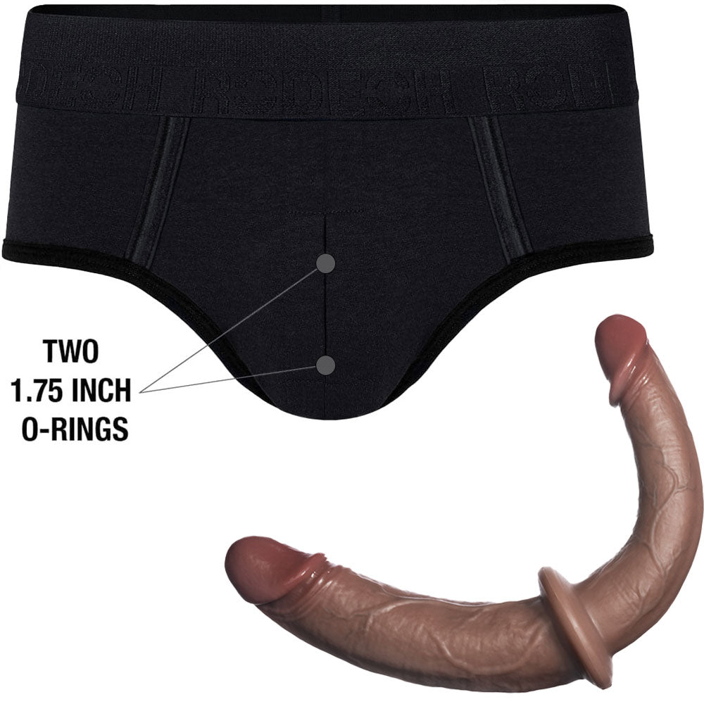 RodeoH Duo Brief Harness from the front flat, with mocha color double trouble dildo