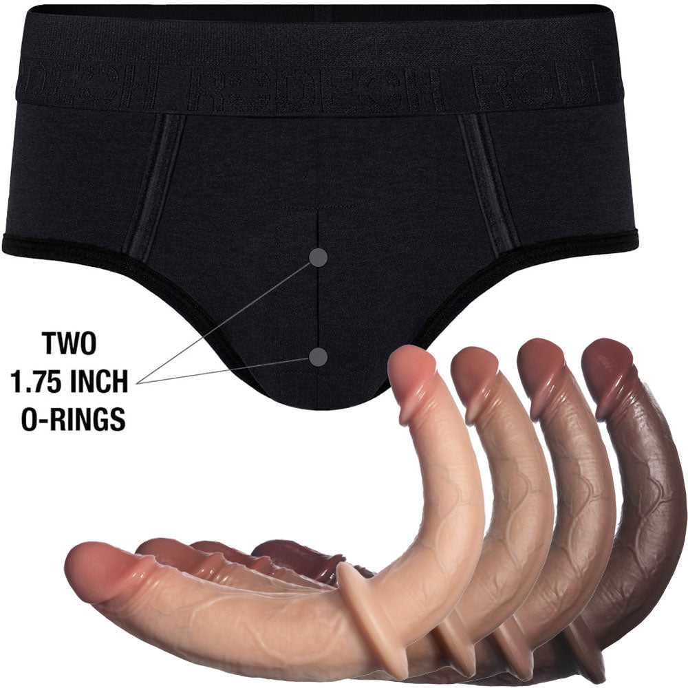RodeoH Duo Brief Harness from the front flat, with all 4 colors double trouble dildo colors