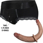 Black Rodeoh duo panty harness and  double trouble realistic dildo in caramel