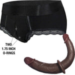 Black Rodeoh duo panty harness and  double trouble realistic dildo in chocolate