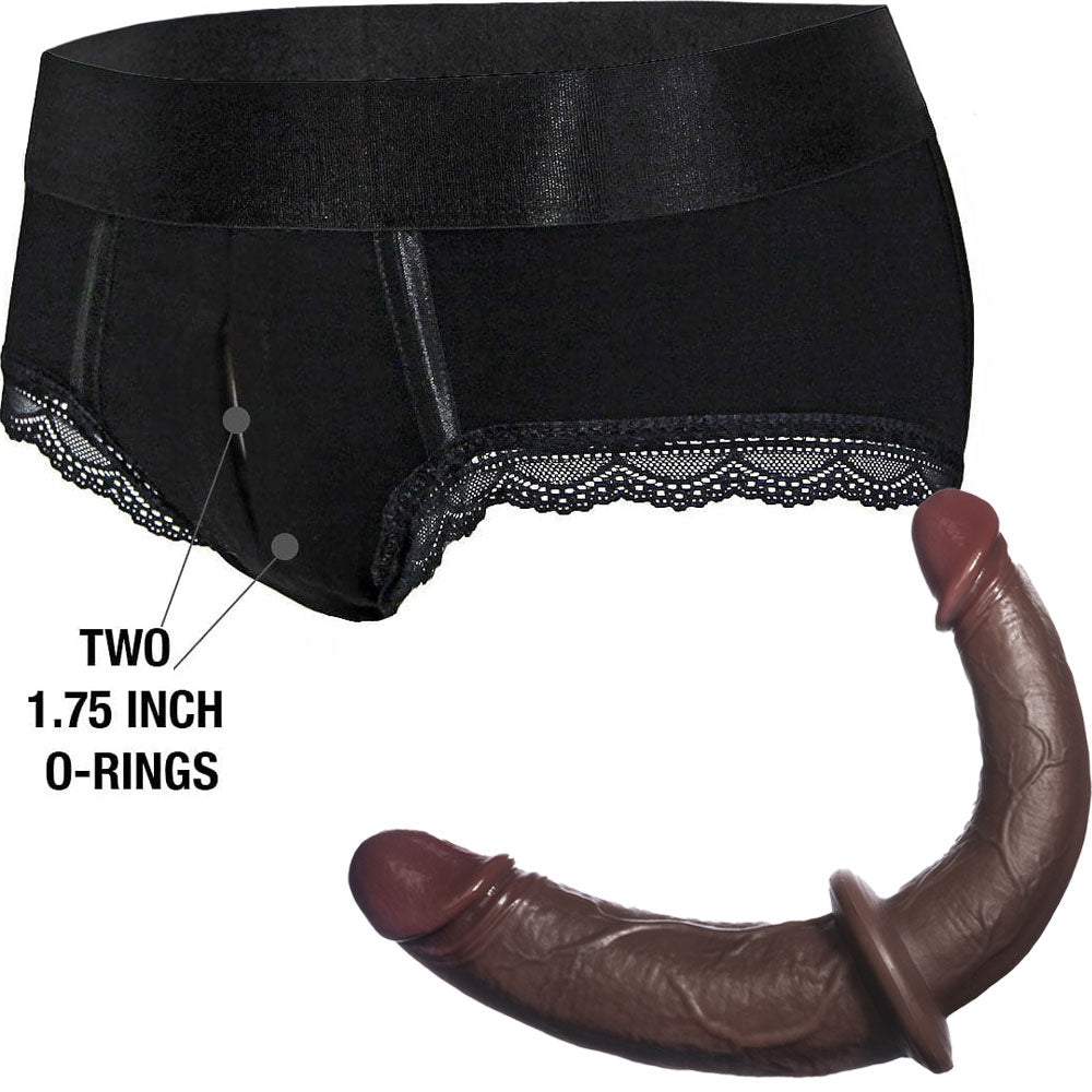 Black Rodeoh duo panty harness and  double trouble realistic dildo in chocolate