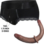 Black Rodeoh duo panty harness and and  double trouble realistic dildo in mocha