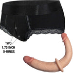 Rodeoh duo panty harness in black and  double trouble realistic dildo in vanilla