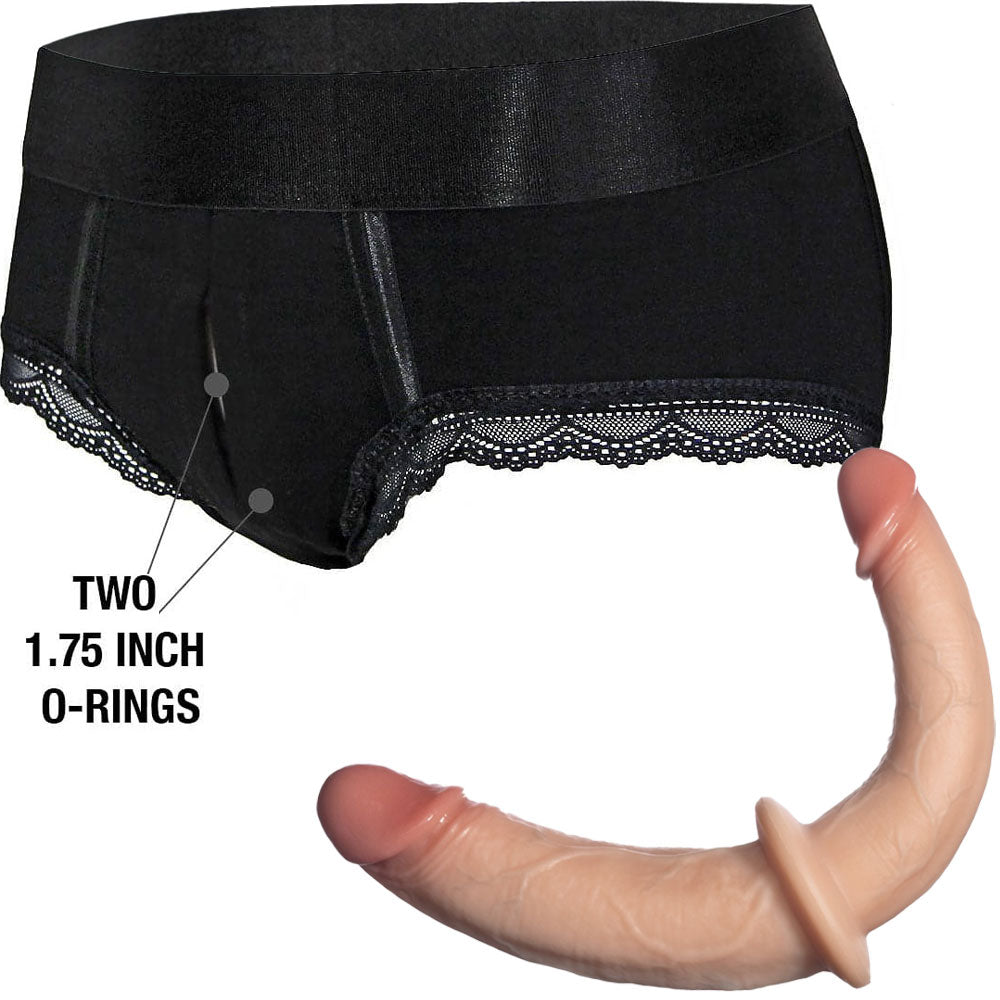 Rodeoh duo panty harness in black and  double trouble realistic dildo in vanilla