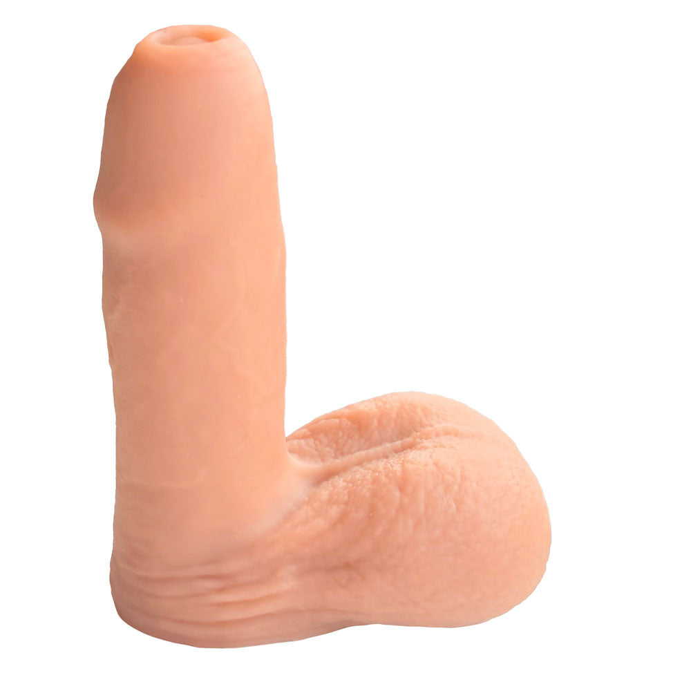 Nexus silicone foreman, uncut silicone packers in caramel and vanilla, from the side, on its base, with the shaft lifted up straight